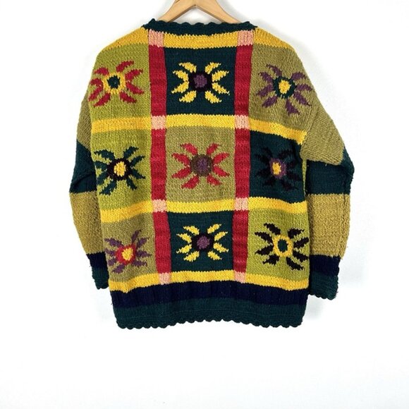 Quichua Maqui Hand Knit Sz L Heavyweight Chunky Wool Cardigan Patchwork Granny - Picture 5 of 7
